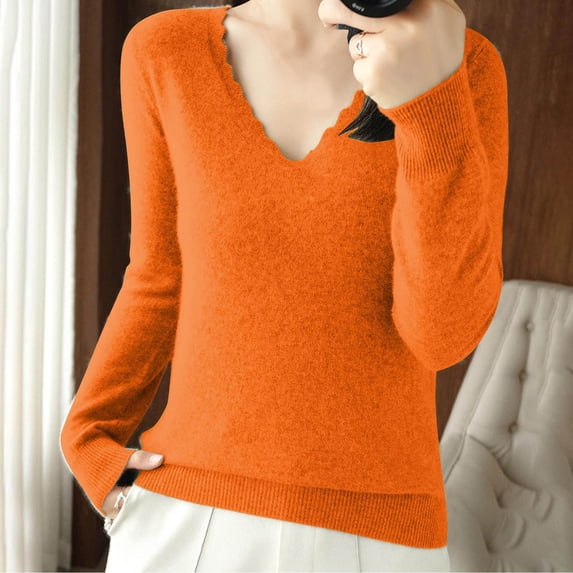 Amidoa Long Sleeve Womens Sweaters and Cardigans Orange V-Neck Fleece Soft Ruffle Sweaters Women's Cardigans/Sweaters M