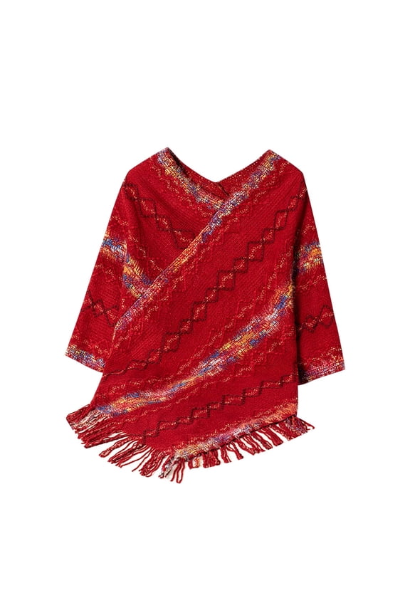 Long Womens Sweaters 3/4 Sleeve Red V-Neck Fringe Light Shirring Hem Striped Sweaters Womens Sweaters Free Size