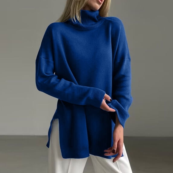 Amidoa Long Womens Sweaters Blue Turtleneck Long Sleeve Solid Dressy Side Split Sweaters Womens Cardigan Sweaters XL