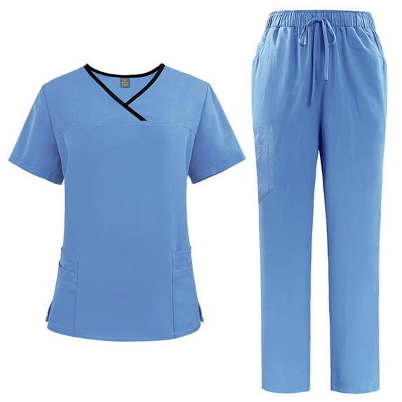 Amidoa Nurse Scrub Sets for Woman Blue V-Neck Uniform Colorblock Drawstring Straight 5 Pockets Tracksuit for Women Set M