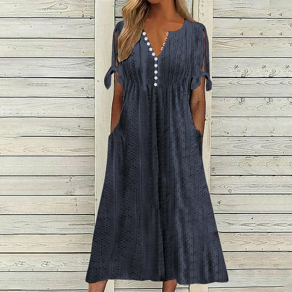 Amidoa Off the Shoulder Dresses for Woman Spring V-Neck Short Sleeve Navy Cutout Smocked Ruffled Sundress Woman Sun Dresses