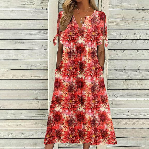 Amidoa Off the Shoulder Spring Woman Dresses Short Sleeve V-Neck Cutout Smocked Ruffled Sundress Church Dresses for Woman