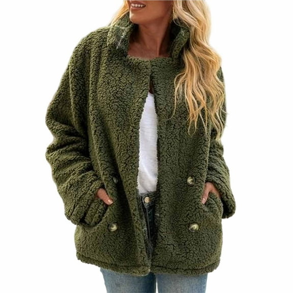 Amidoa Open Front Coats for Women Fuzzy Fleece Green Coats Lapel Collar Button Long Sleeve Streetwear Women Jacket XL