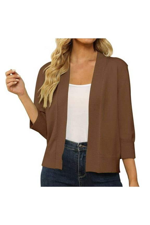 Open Front Sweaters for Women Cardigan 3/4 Sleeve Brown Light Knit Solid Cardigans Womens Cardigans XL