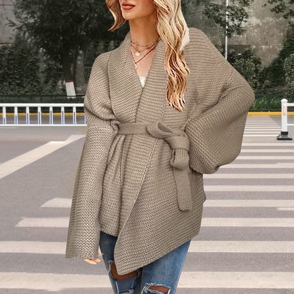 Amidoa Open Front Women's Sweaters Yellow Long Sleeve Cardigan Bandage Collared Knit Cardigans Cardigans for Women L