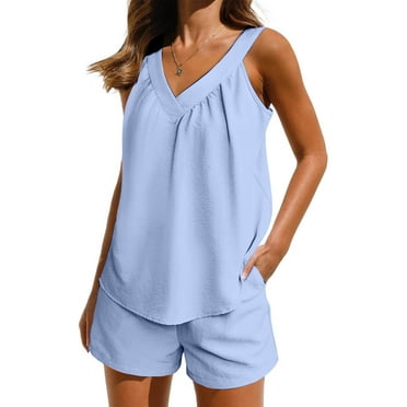 Amidoa Pajama Sets for Woman Short Sleeve Smocked V-Neck Solid Lounge Sets Womens Sleepwear Tops
