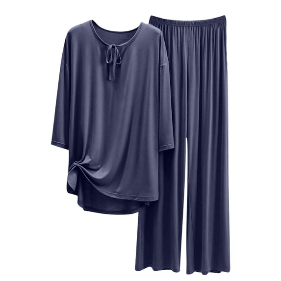 Amidoa Pajama Sets for Women Gray Modal 3/4 Sleeve Elastic Waist Lace up Blouses Loose Tracksuit Womens Sleepwear L