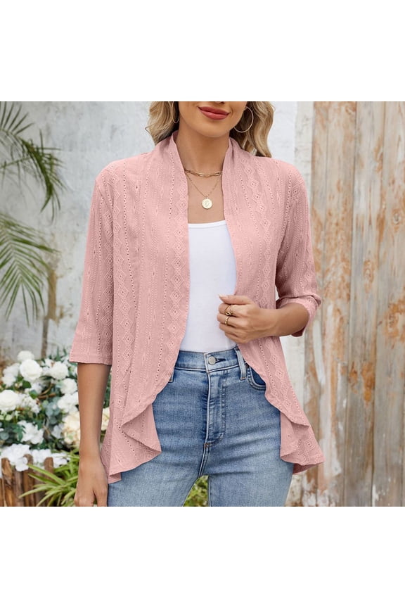 Pink Women's Cardigans Open Front Ruffle 3/4 Sleeve Cutout Solid Summer Cardigans Womens Sweater M
