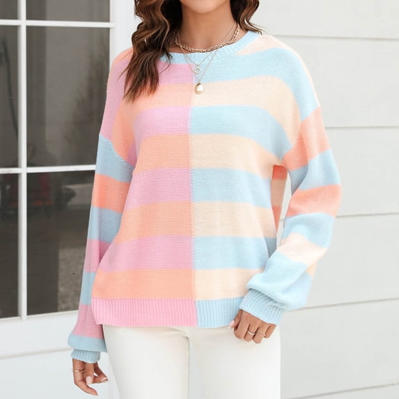 Amidoa Pink Womens Sweater Fall Long Sleeve Striped Loose Lightweight Crew Neck Sweaters Cardigans for Women M