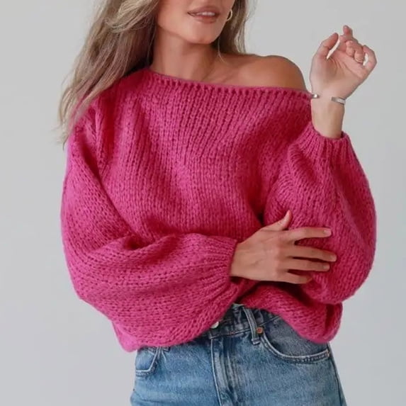 Amidoa Pink Womens Sweaters One Shoulder Knit Long Sleeve Cute Solid Plus Size Sweaters Cardigans for Women S
