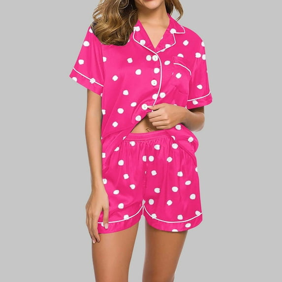 Amidoa Pj Set Women Plus Size Short Sleeve Polka Dot Lapel Collar Pjs Women's Lounge Sets