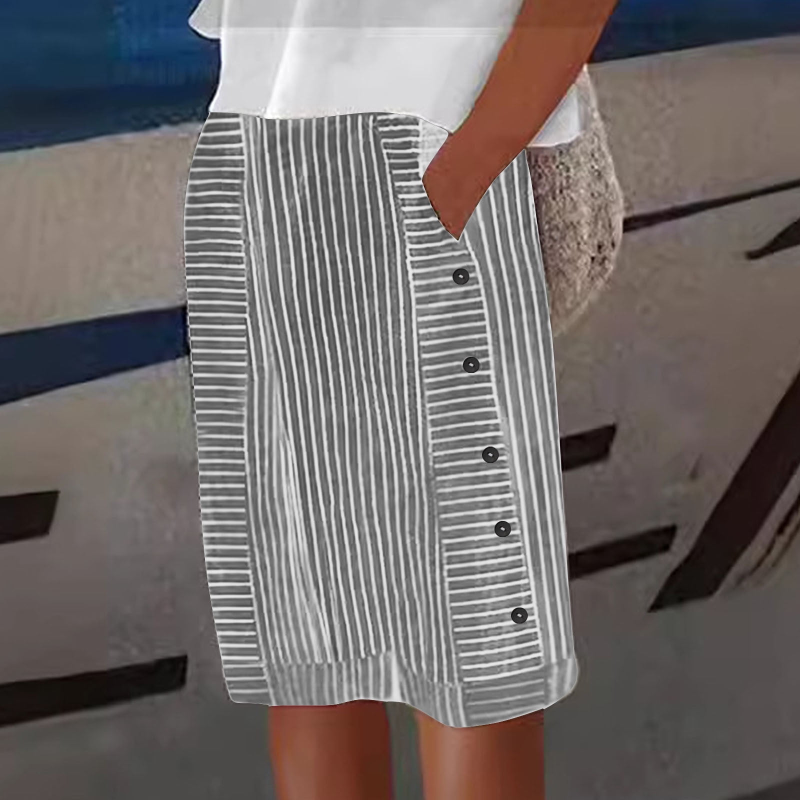 Amidoa Plus Size Shorts Clearance Roll Cuff Striped Print Capris