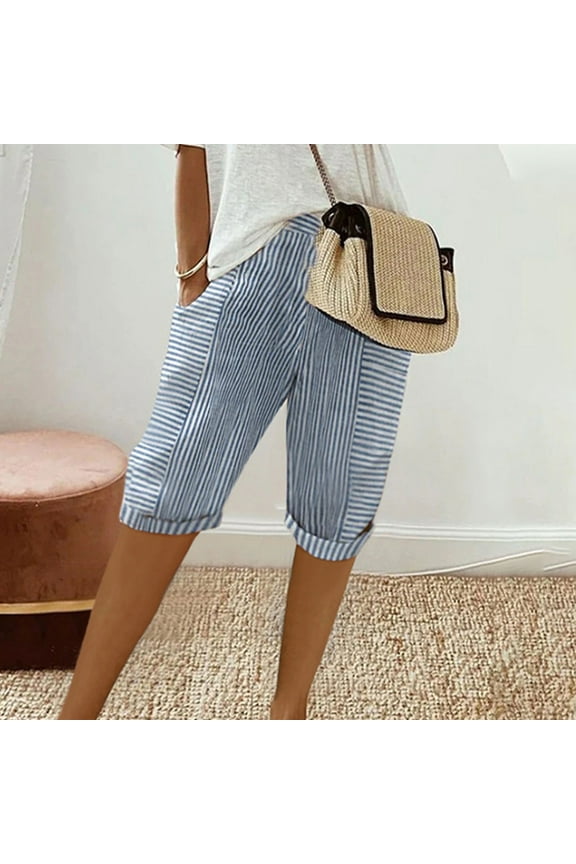 Plus Size Shorts for Women Roll Cuff Striped Print Capris Plus Size Shorts
