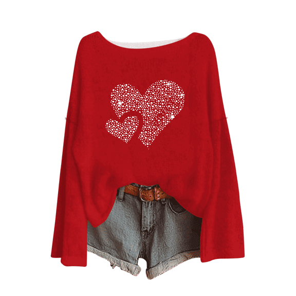 Amidoa Plus Size Sweaters for Women White Valentines Knit Sweaters Winter Crew Neck Love Heart Tops Women Shirt S