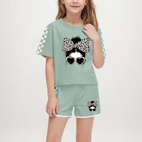 Amidoa Girls Summer Outfits Solid Color Cute Strap and Kids Summer Casual Short Clothing Set Army Green Size 10