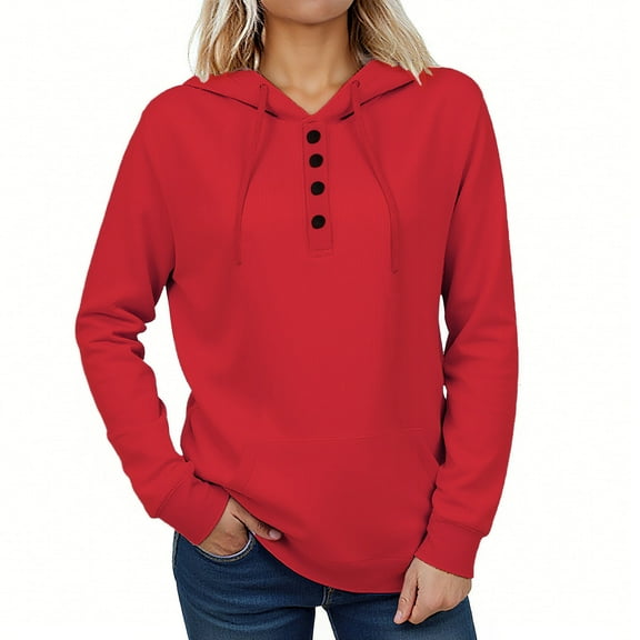 Amidoa Pullover Hoodies Women Long Sleeve Red Hooded Sweatshirts Casual Button Drawstring Hoodies Women's T Shirts XXXL
