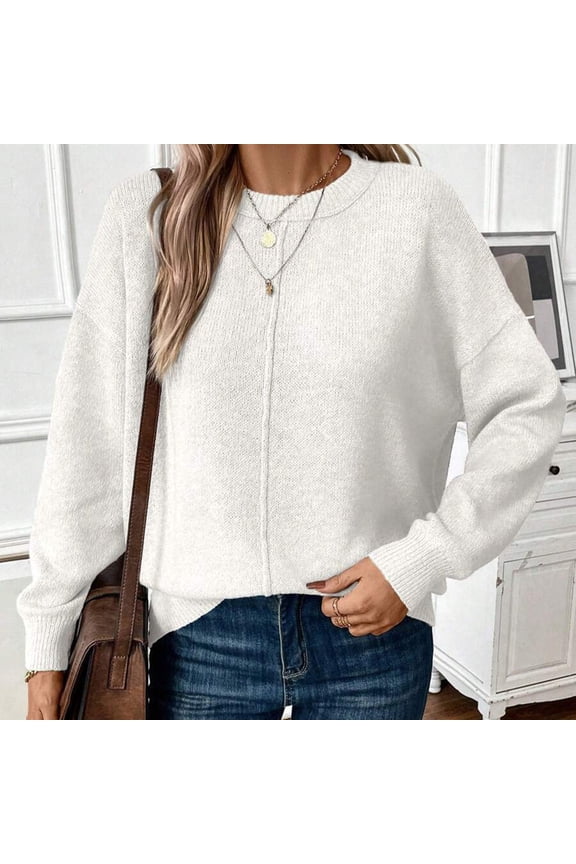 Pullover Sweaters for Women White Long Sleeve Casual Crew Neck Solid Loose Sweaters Cardigans for Women L