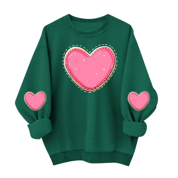 Amidoa Pullover Tops for Women Green Valentines Oversized Sweatshirts Going out Heart Crew Neck Tees Womens T Shirts L
