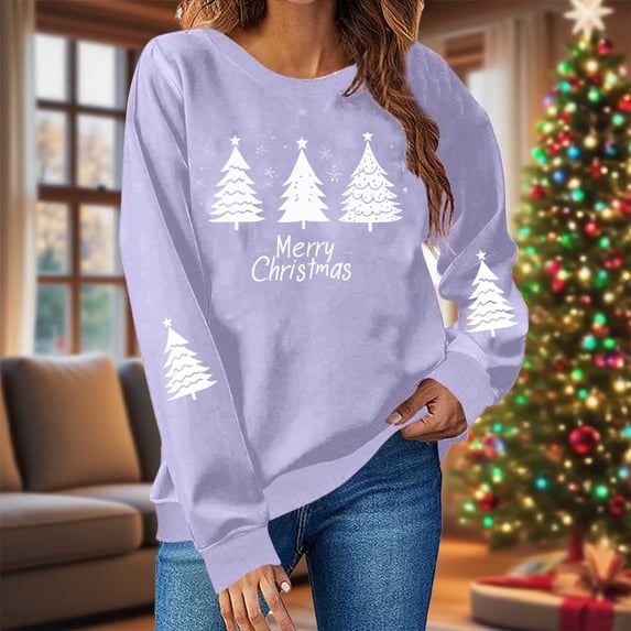 Amidoa Purple Women Sweatshirt Long Sleeve Crewneck Christmas Sweatshirts Pullover Graphic Clothing Womens Tshirts S