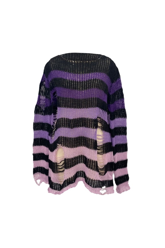 Purple Womens Sweater Long Sleeve Ripped Crochet Gothic Striped Long Sweaters Cardigans for Women Free Size