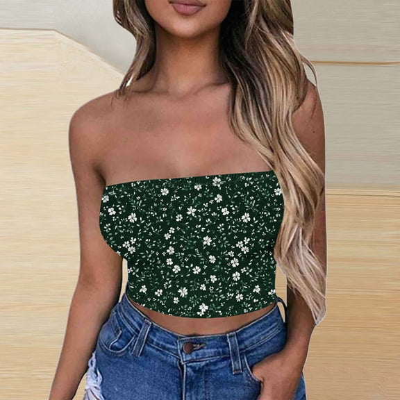 Amidoa Push-up Bras for Women Crop-Top Strapless Green Floral Cheeky Bandeau Bralettes for Women L