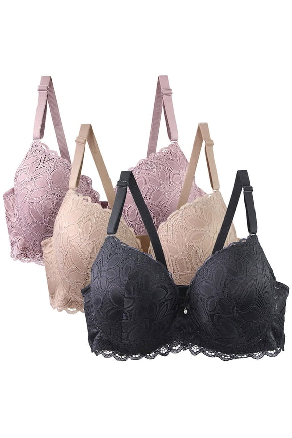 Push-up Womens Bras Lace Underwire Solid 3 Pcs Lingeries Lingerie for Women XXL
