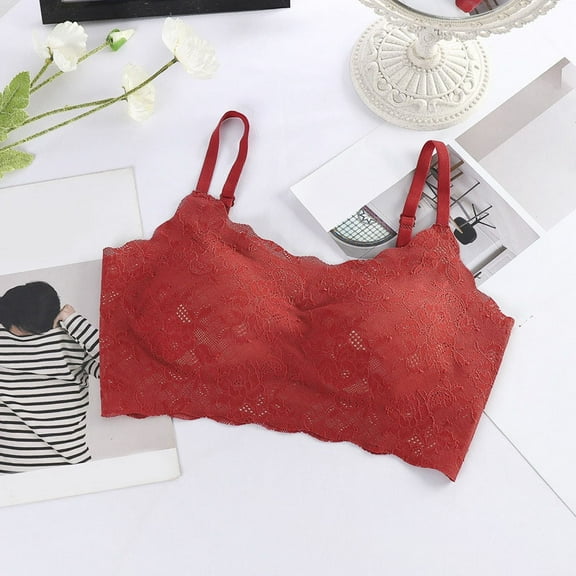Amidoa Red Bras for Older Women Push-up Lace No Wire Embroidered Bandeau Women's Lingerie S