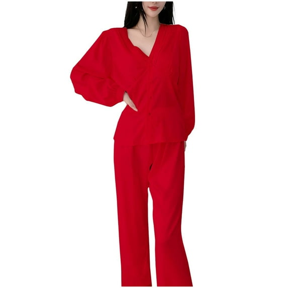 Amidoa Red Pajamas Women Set Button Down Lace Elegant V-Neck Solid High Waist Pants Comfywear Women's Sweatsuits M