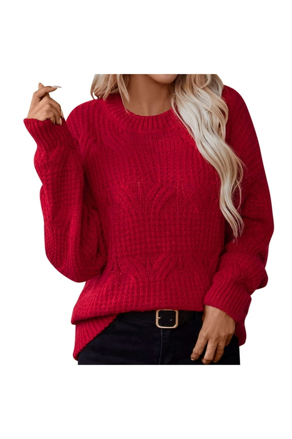 Red Sweater Tops for Women Long Sleeve Pullover Cable Knit Solid Fall Loose Sweaters Womens Cardigan Sweaters L