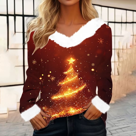 Amidoa Red Tops for Women Trendy Christmas Long Sleeve Fleece V-Neck Tees Graphic Sparkly Tshirts Womens Shirts XXL