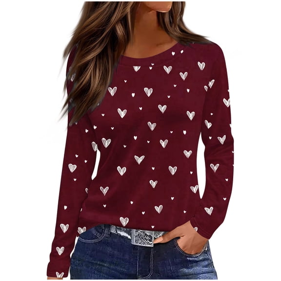 Amidoa Red Women Tops Cute Valentines Winter Blouses Going out Vacation Love Heart Long Shirts Woman Shirts XXL