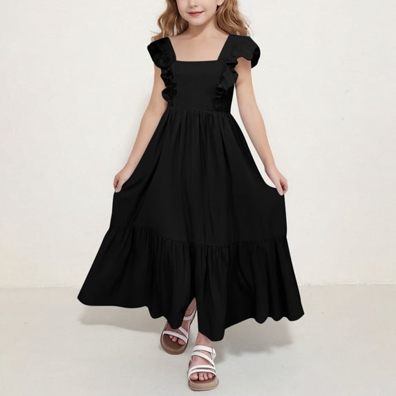 Amidoa Short Sleeve Girl A-Line Dress Strap Floral Print Crewneck Sundress Casual Sleeveless Summer Dress,Black,12-13Years