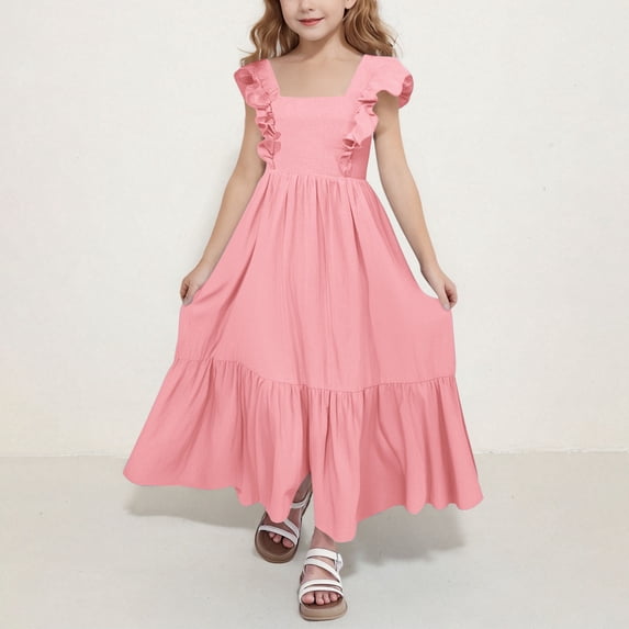 Amidoa Short Sleeve Girl A-Line Dress Strap Floral Print Crewneck Sundress Casual Sleeveless Summer Dress,Pink,8-9Years