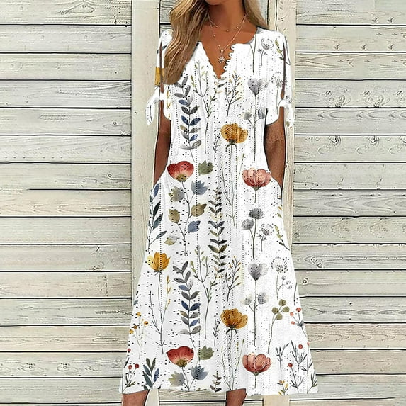 Amidoa Short Sleeve Spring Dresses Woman V-Neck Off the Shoulder Smocked Cutout Ruffled Sundress Woman Sun Dresses