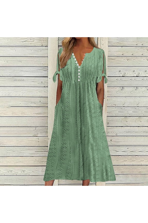 Short Sleeve Spring Woman Dresses Off the Shoulder V-Neck Green Ruffled Cutout Smocked Sundress Western Dresses for Woman