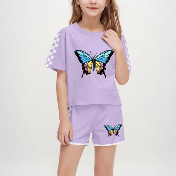 Amidoa Girls Summer Outfits Short Sleeves T-Shirts and Casual Summer Kids Short Clothing Set Purple Size 6
