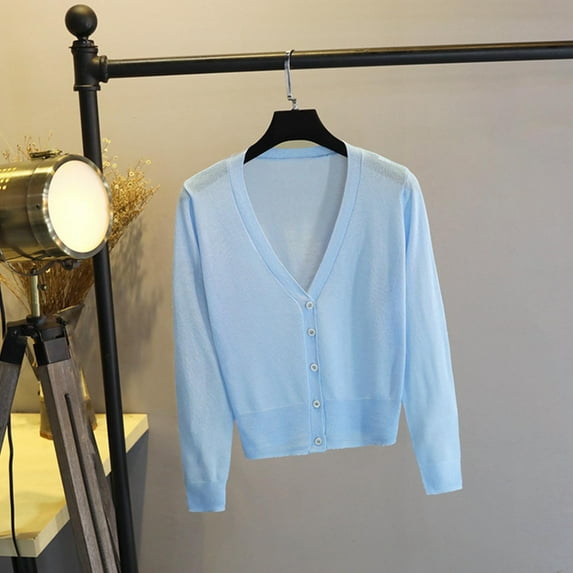 Amidoa Sky Blue Sweaters for Women Button up Cardigan Long Sleeve Cozy Solid Light Cardigans for Women Trendy XL
