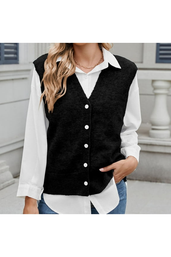 Sleeveless Sweater Tops for Women Black Button up Cardigan Cozy Light Sweater Vests Cardigans for Women Trendy L