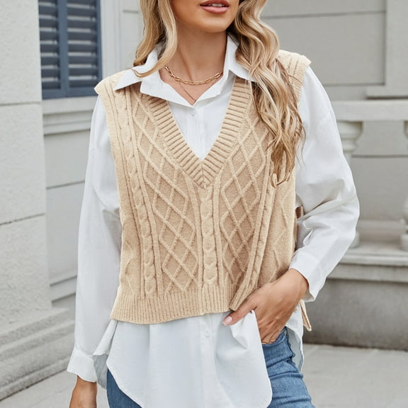 Amidoa Sleeveless Women Sweater Beige V-Neck Cable Knit Lightweight Solid Pullover Sweater Vests Womens Cardigans L