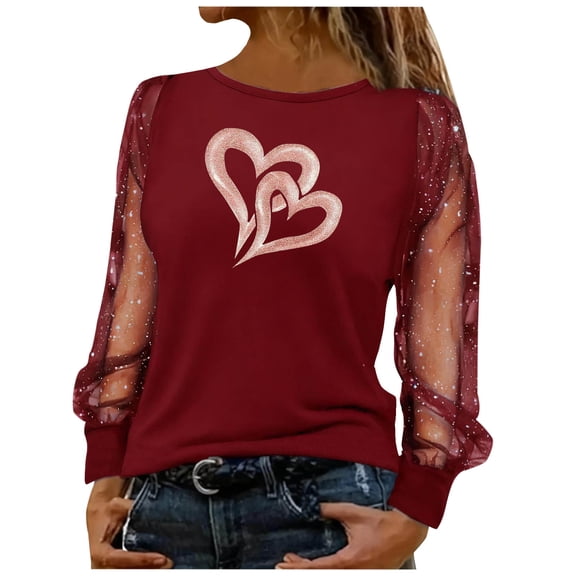 Amidoa Sparkly Tops for Women Valentines Fashion Red Shirts See Thru Going out Heart Clothes Womens Sweatshirts XXL