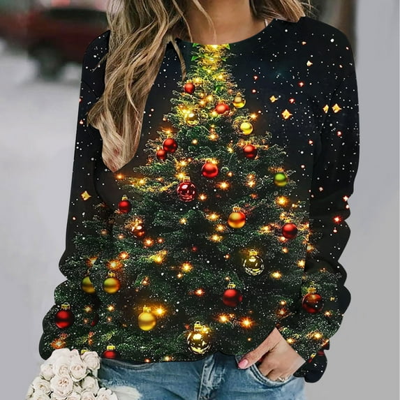 Amidoa Sparkly Women Sweatshirt Long Sleeve Going Out Casual Crewneck Christmas Tree Sweatshirts Womens T Shirts L