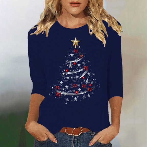 Amidoa Sparkly Womens Tops Trendy 3/4 Sleeve Blue Funny Blouses Christmas Tree Boat Neck T-Shirt Women's T-Shirts XXXL