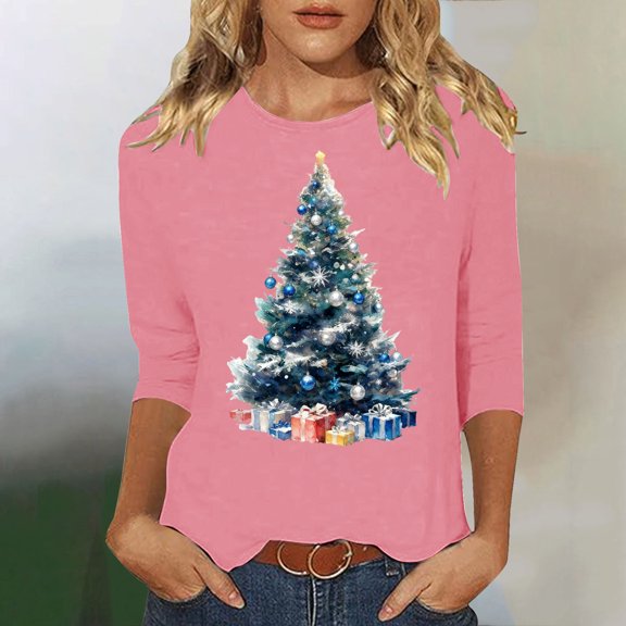 Amidoa Sparkly Womens Tops Trendy 3/4 Sleeve Pink Funny Blouses Boat Neck Christmas Tree T-Shirt Women's T-Shirts M
