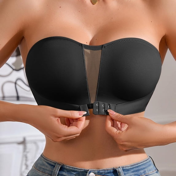 Amidoa Strapless Bras for Older Women Push-up Front Closure Black Solid Seamless Bandeau Brasiers Women S