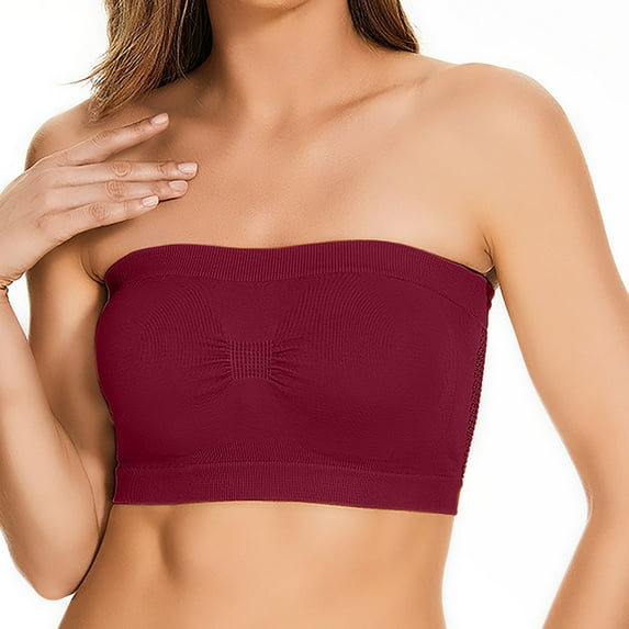Amidoa Strapless Bras for Women Red T-Shirt Stretch Push-up Solid Bandeau Brasieres for Womens XXXXL