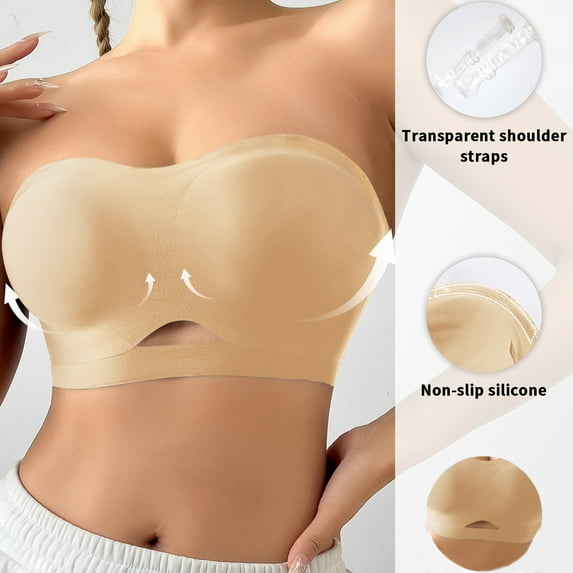 Amidoa Strapless Womens Bras Push-up Beige Seamless Solid Bandeau Women's Lingerie L