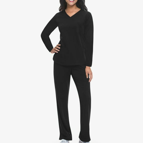 Amidoa Stretchy Womens Scrubs V-Neck Black Long Sleeve Uniform Comfortable Nurse Solid Pockets Sets for Women S