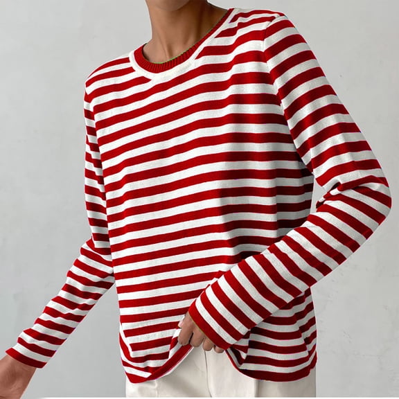 Amidoa Striped Sweater Tops for Women Classic Red Long Sleeve Pullover Lightweight Fall Sweaters Women's Cardigans L