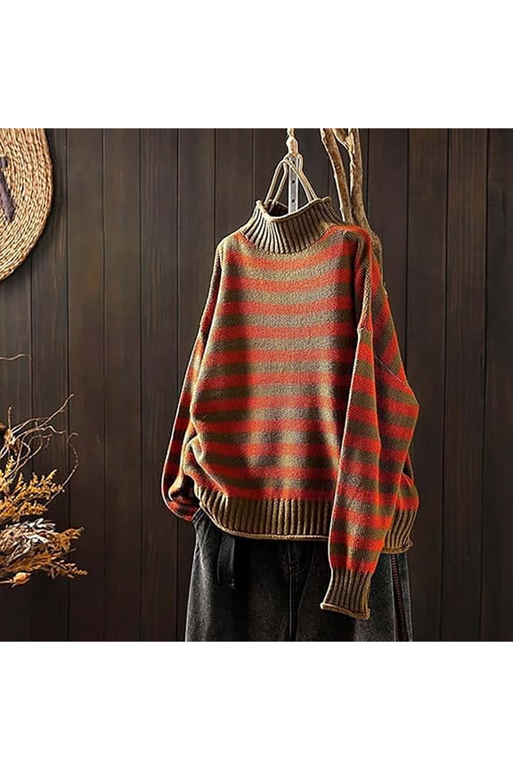Striped Womens Sweater Green Long Sleeve Plus Size Turtleneck Vintage Sweaters Cardigans for Women Free Size