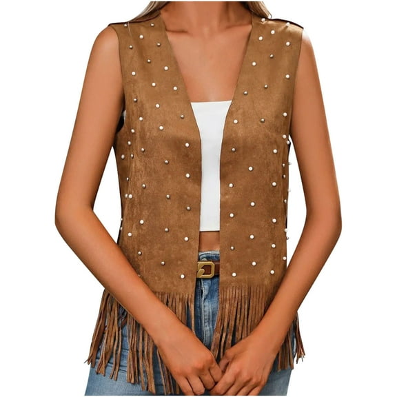 Amidoa Suede Coats for Women Open Front Western Brown Vest Fringe Solid Sleeveless Waistcoat Shackets for Women 2025 S